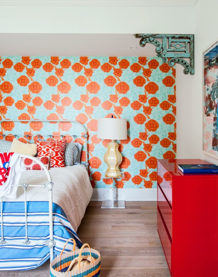 wall design ideas flower pattern red dresser colored throw pillow
