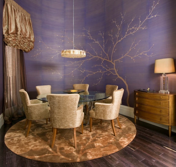 wall design ideas dining room purple walls golden accents