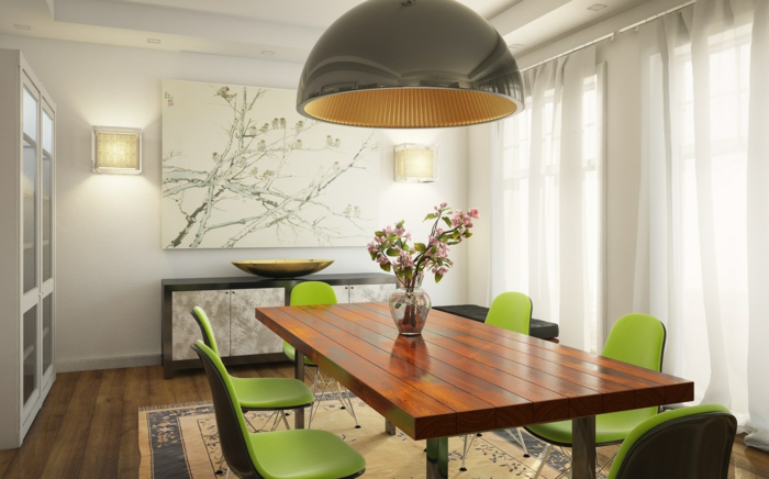muur design ideeën eetkamer rustieke eettafel groene stoelen wanndeko
