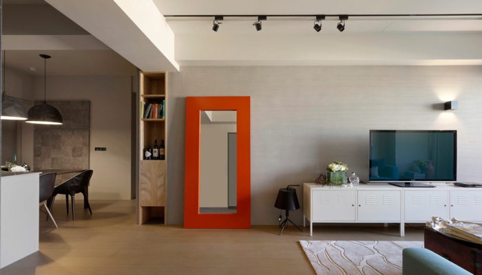 ιδέες σχεδιασμού τοίχου πορτοκαλί πλαίσιο καθρέφτη ανοικτό σχέδιο