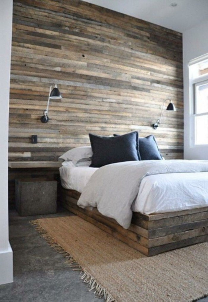 стена дизайн идеи спалня стена панели дърво изглежда килим