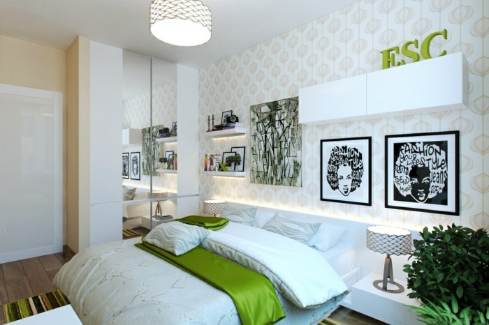 muur ontwerp ideeën slaapkamer groene accenten plant