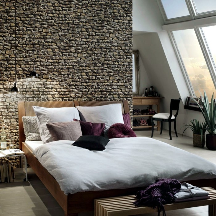 stěny design nápady ložnice kamenná zeď závěsné lampy