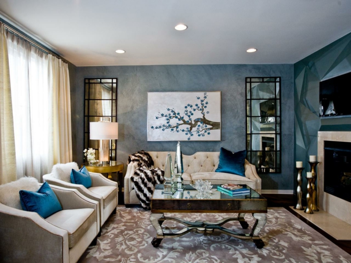 τοίχο σχεδιασμό ιδέες σαλόνι σαλόνι κομψό μπλε τοίχους καθρέφτη επιφάνειες