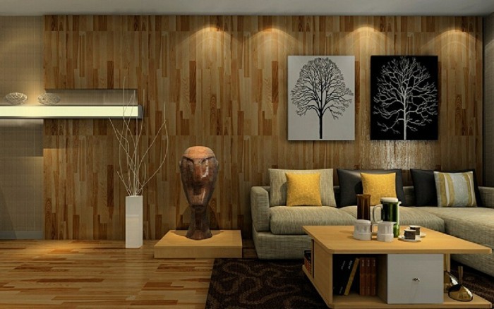 sienų dizaino idėjos gyvenamasis kambarys medinis modernus apšvietimas