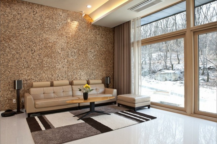 stěny design nápady obývací pokoj stěny panely dřevěný koberec