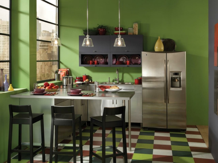 τοίχο σχέδιο κουζίνα πράσινο χρώμα τοίχο χρωματιστό δάπεδο κρεμαστά φωτιστικά δαπέδου