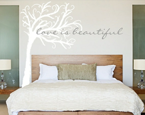 τοίχο σχεδιασμός υπνοδωμάτιο κρεβάτι κεφαλάρι ξύλο τοίχο χρώμα τοίχο τατουάζ ρητά