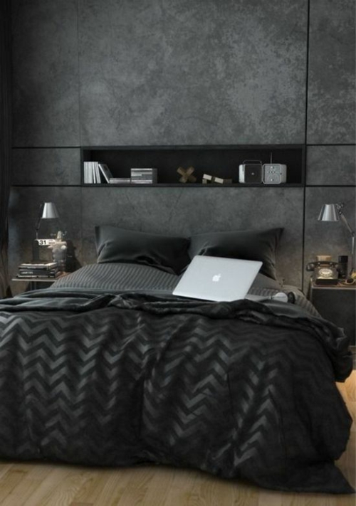 væg design soveværelse seng sort praktisk beton look