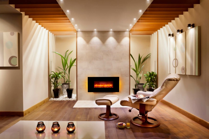 modern fireplaces wall design living room armchair stool plants