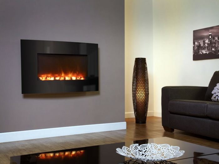 wall fireplace stylish design deco vase living room sofa