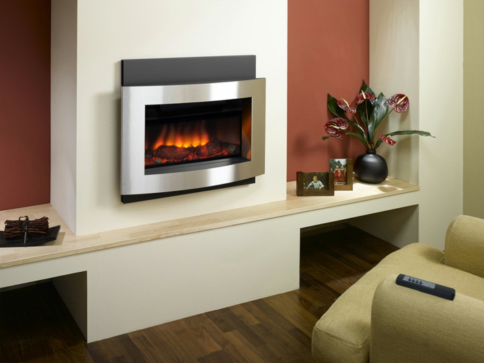 wall-mounted fireplace living room design armchair living ideas