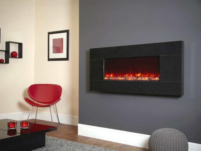 modern fireplaces wall fireplace electric gray wall red chair