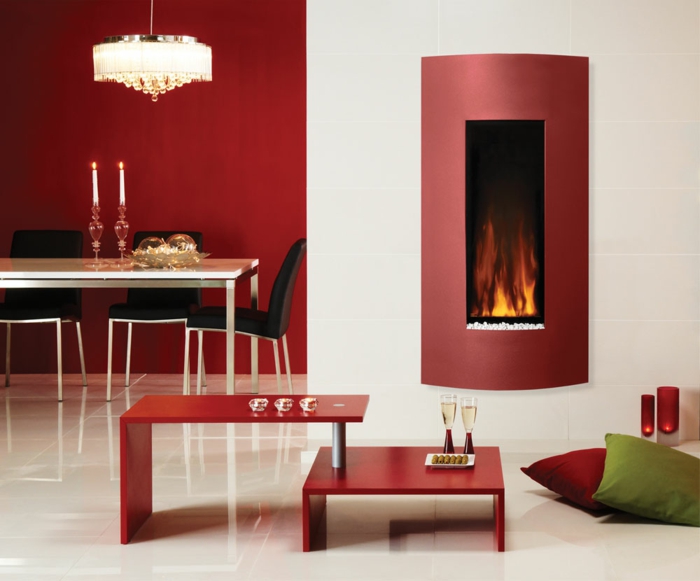 wall fireplace open plan red wall design dining room living area