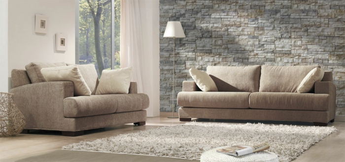 wall panel stone look living room beige sofas