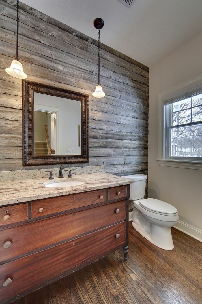 wall panels wood look in the bathroom and pendant lights