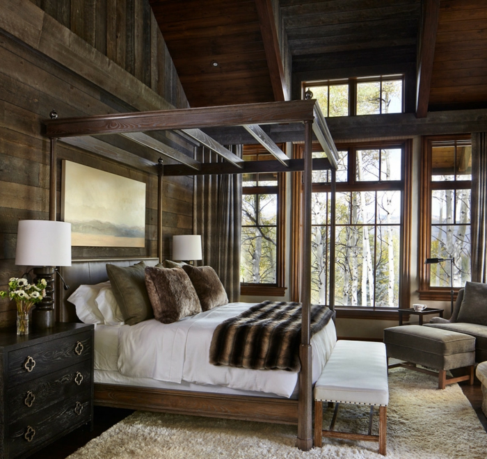 wandpanelen houten slaapkamer rustiklaer kijken tapijt luifel