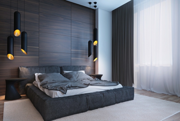 стенни панели дървени идеи за спалнята тъмни нюанси висящи светлини