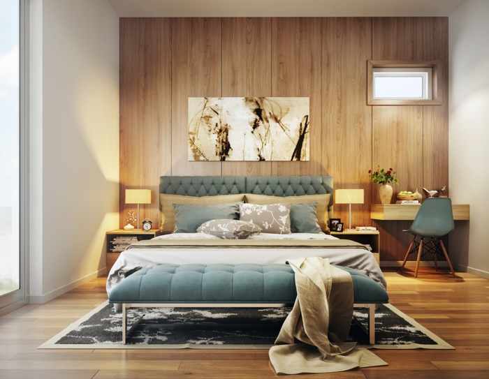 стенни панели дървени идеи за спалня елегантен килим превръзка маса