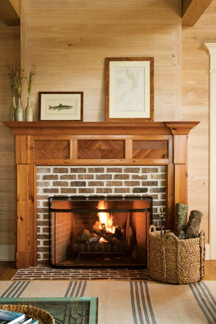 wood wall panels living room fireplace carpet