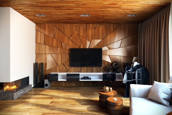 wandpanelen houten woonkamer wadgestaltung hoek openhaard houten vloer