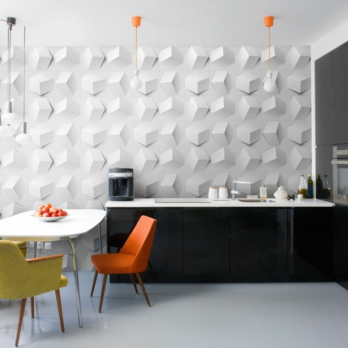 τοίχο πάνελ κουζίνα φανταχτερό 3d επιφάνεια χρωματιστές καρέκλες κουζίνας