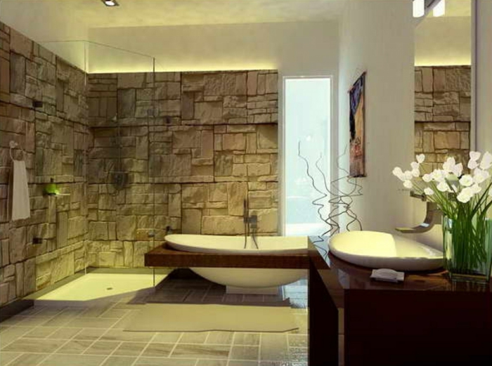 wandpanelen steenlook badkamer badkuip vloertegels