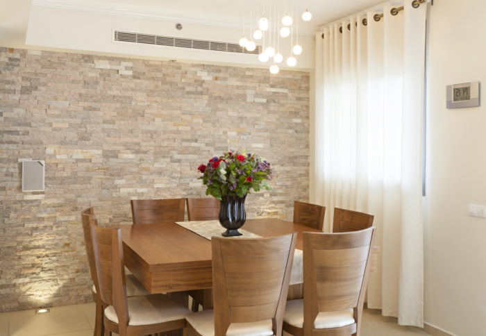 wall panels stone look dining area fashion flower vase airy curtains