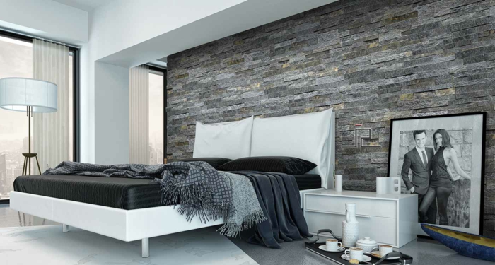 wall panels stone look bedroom long curtains