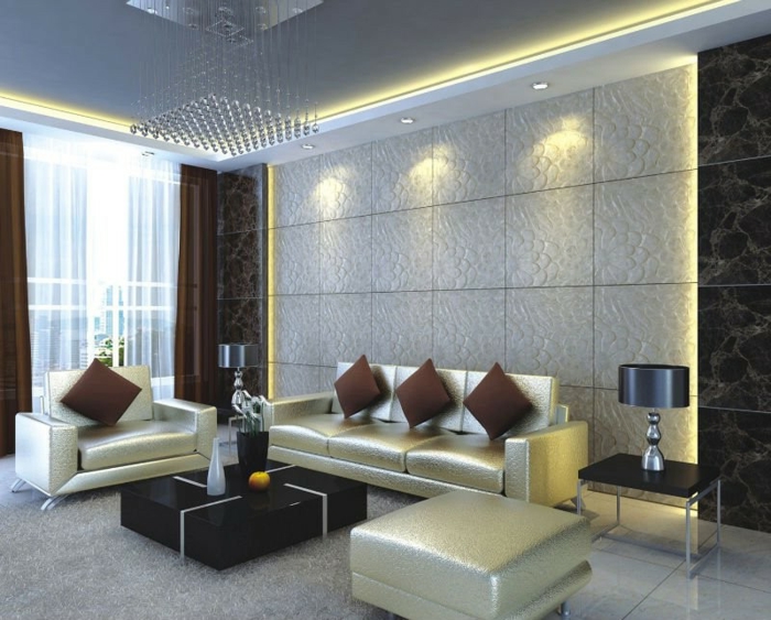 wandpanelen steenlook woonkamer luxe meubilair ledverlichting
