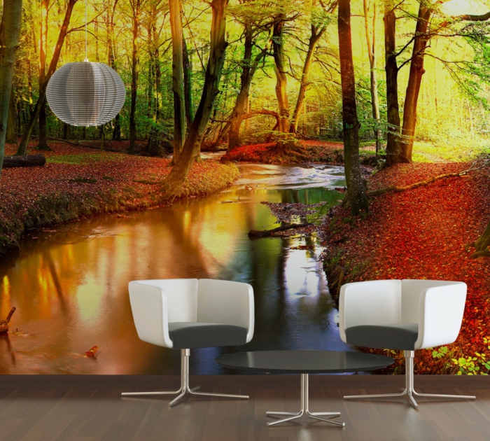 wall tapestry fancy wallpaper pattern forest autumn living room design