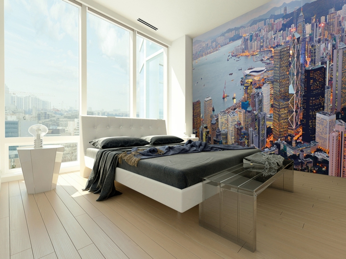 nástěnné malby stěna ložnice design nápady ložnice lavice panoramatické okno