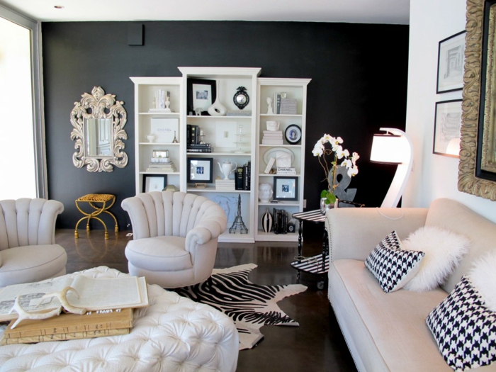 wan-barevné nápady černý přízvuk stěna obývací pokoj obývací pokoj zebra koberec