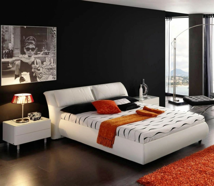 wanfarben ideoita kodin sisustus makuuhuone tummat seinät oranger matto