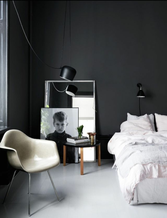 wanfarben ideat kotiideat makuuhuone musta seinät nojatuoli