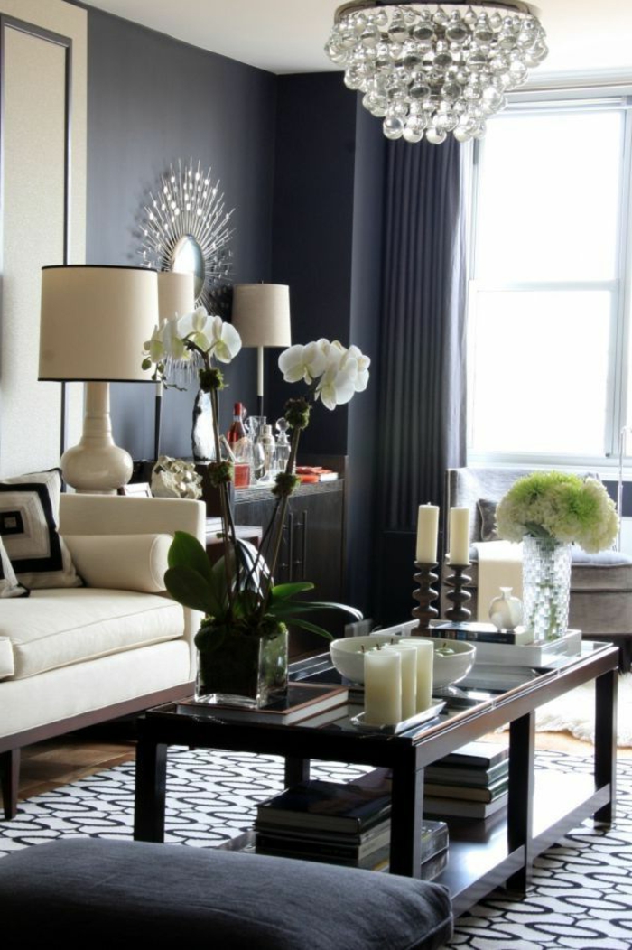 wanfarben nápady žijící nápady obývací pokoj šedé stěny koberec orchideje
