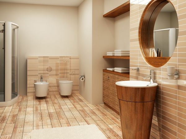 温暖的氛围木水槽镜子浴室