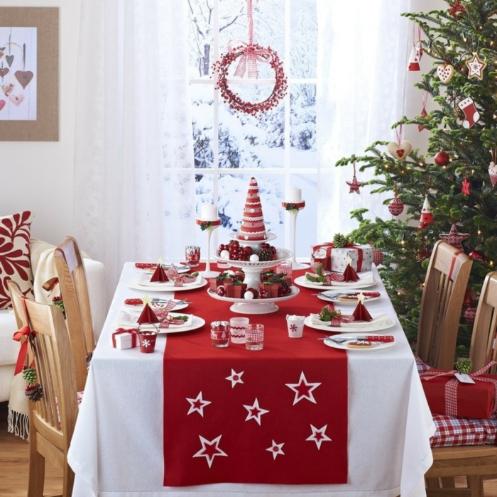 Julbord dekoration ideer festlig bord dekoration rød bord løber