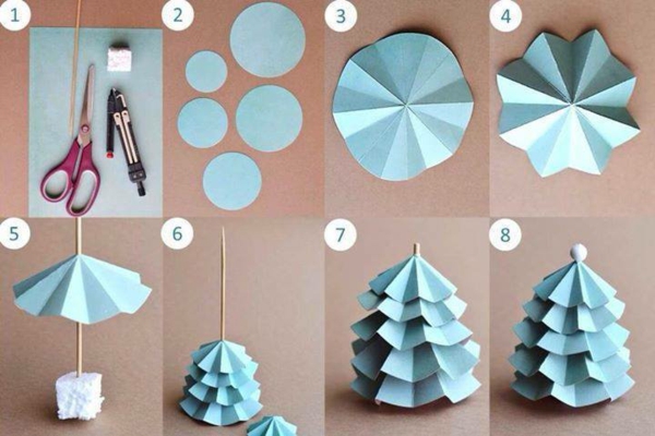 Julhåndværk med børn, der laver papir med fyrretræer