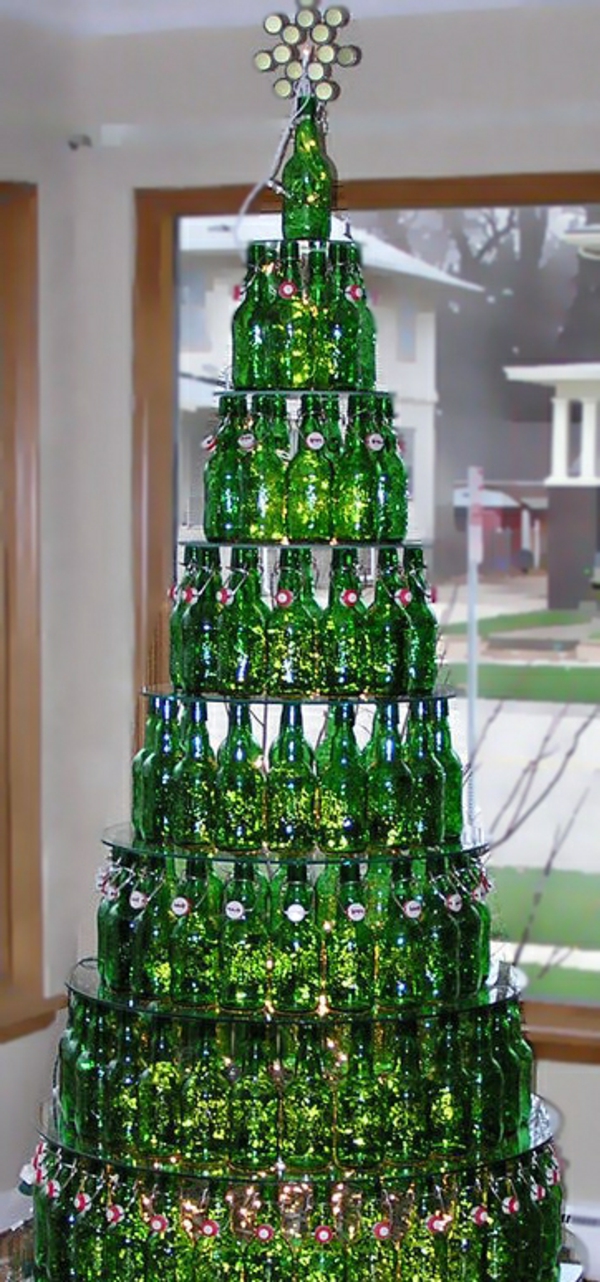Christmas tree making from empty beer bottles