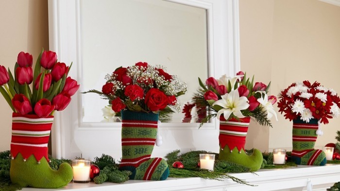 Χριστούγεννα διακόσμηση DIY ιδέες κομμένα ανάποδα αγγεία αγγεία λουλούδια τουλίπες τριαντάφυλλα