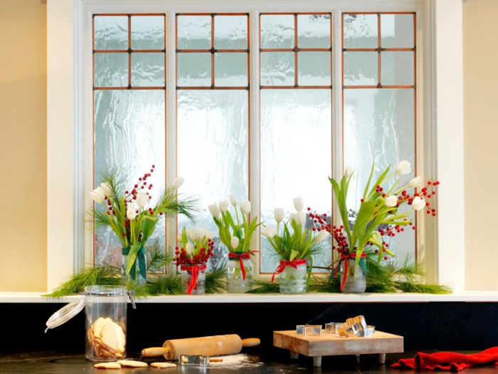 décoration de noël fenêtre fleurs cynorrhée décoration de fenêtre