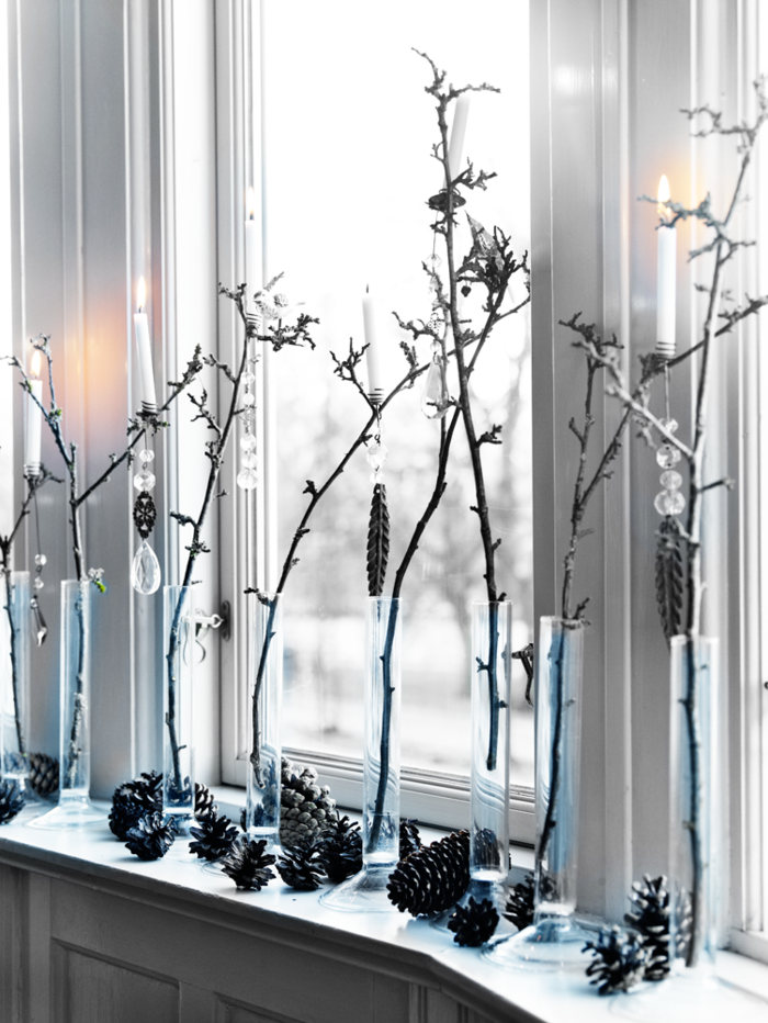 Kerst decoraties Skandinavische stijl raam decoratie ideeën kegels glas