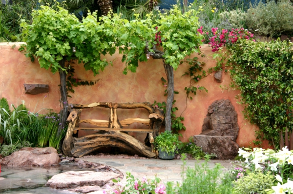 вино естествено дърво пейка градина езерце плочки естествени камъни