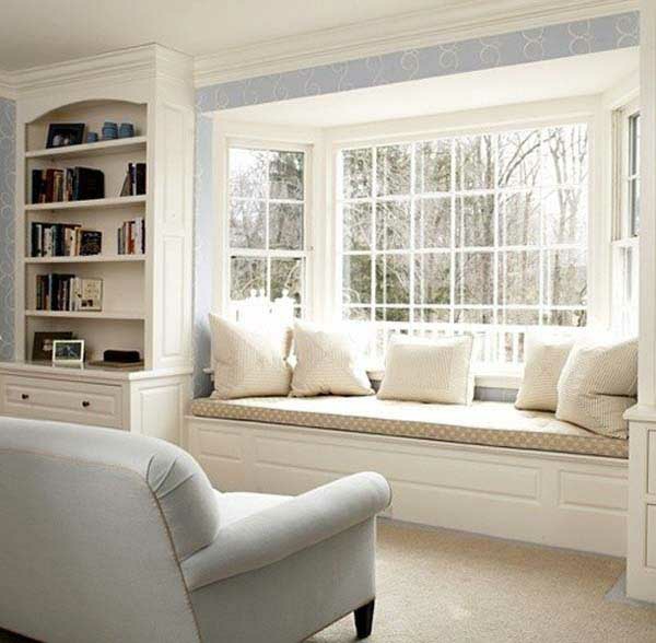 לבן עיצוב חלון מפרץ חלון מושבים רעיון בית שטוח