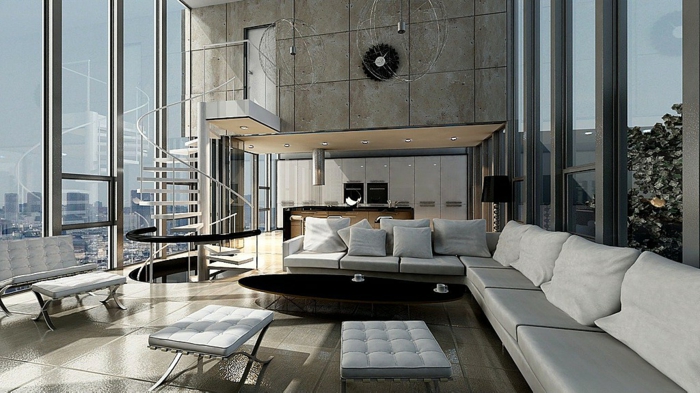 دوامة الدرج غرفة المعيشة التصميم الداخلي بلاط الأرضيات بارد نوافذ بانورامية