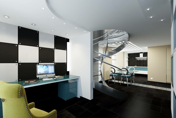 دوامة الدرج غرفة المعيشة الحديثة فائقة الطابق الأسود بلاط خطة مفتوحة