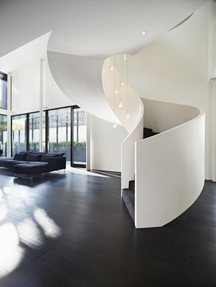 دوامة الدرج التصميم داخل الأفكار المعيشة الأنيقة غرفة المعيشة أريكة رمادية
