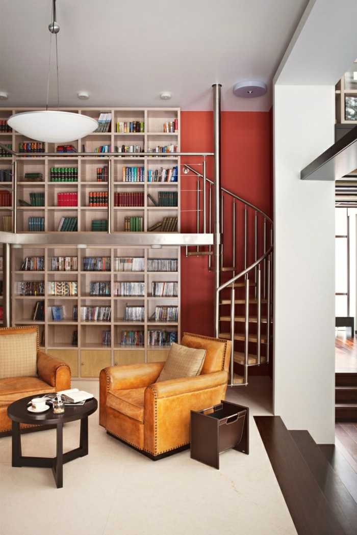 دوامة الدرج تصميم غرفة المعيشة الخشبية المعدنية مكتبة الجدار اللكنة الحمراء