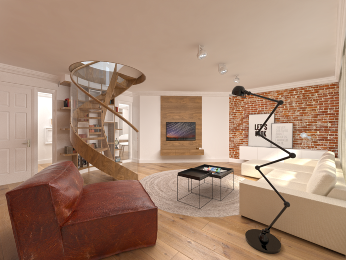 دوامة الدرج تصميم غرفة المعيشة التصميم الداخلي الطوب الجدار مصباح الكلمة باردة
